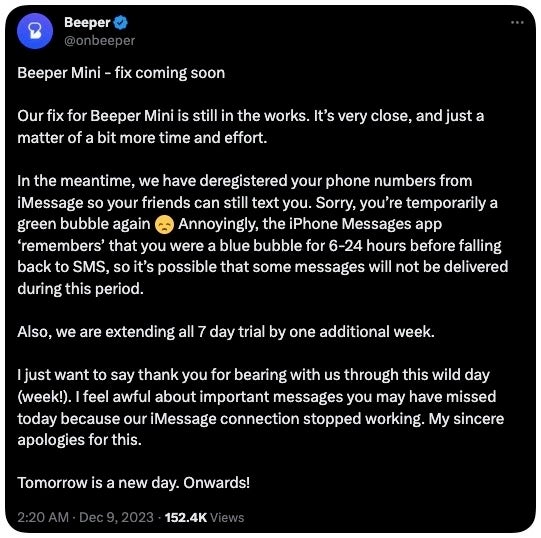 Beeper Mini is currently down, possibly shut down by Apple (Update: partially working)