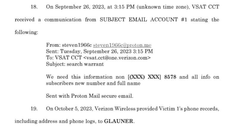Trecho dos documentos judiciais oficiais - A Verizon é supostamente levada a fornecer o endereço residencial de uma cliente ao seu perseguidor