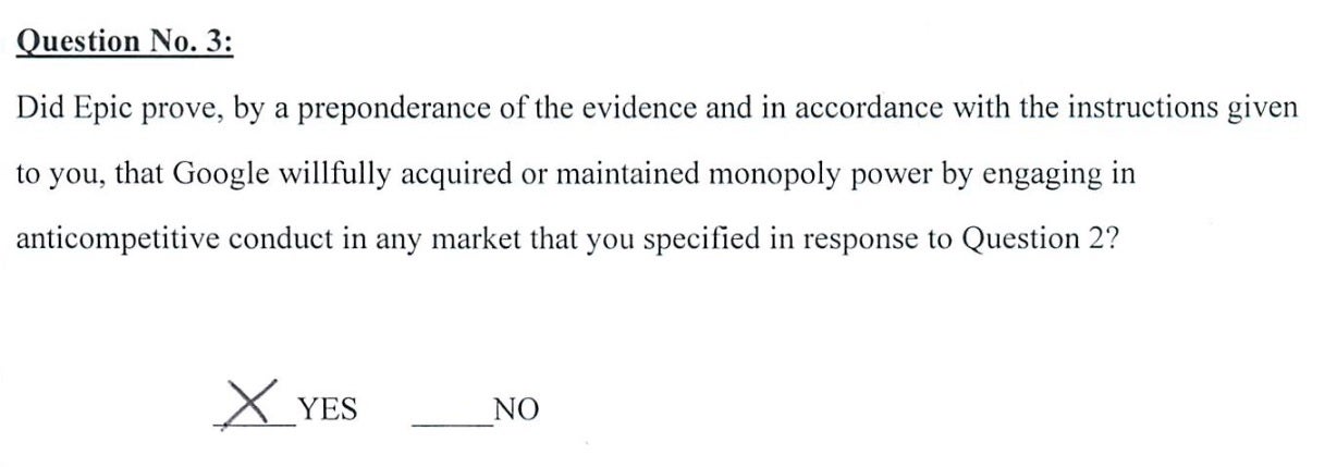 Verdict Form presented to the judge in the Epic v. Google trial - Google Play Store declared a monopoly by federal jury in Epic suit