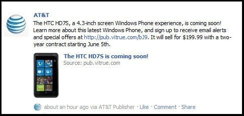 AT&amp;T&#039;s Facebook page mentions the HTC HD7S arriving on June 5 for $200 on-contract