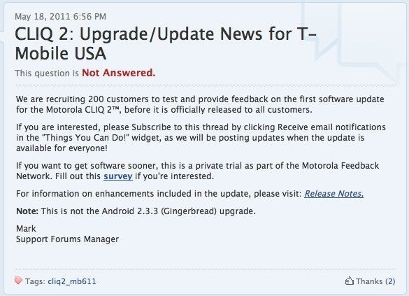 Motorola is looking for 200 CLIQ 2 owners willing to test the handset&#039;s first update