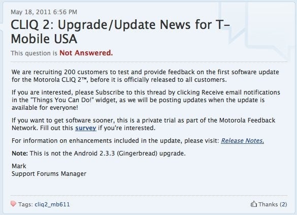 Motorola is looking for 200 CLIQ 2 owners willing to test the handset's first update
