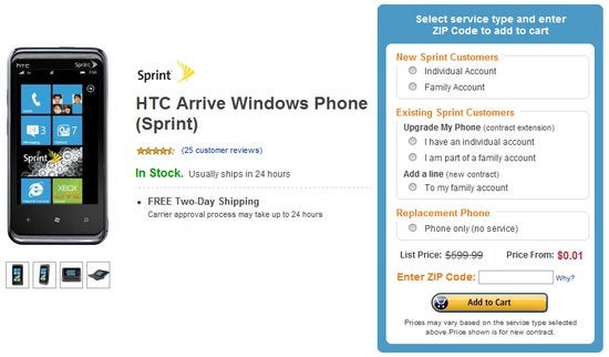 Amazon chops down the price of the HTC Arrive to one single penny on-contract