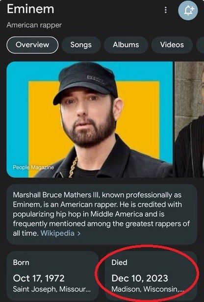 Google is tricked by a fake report of Eminem's death and shares the fake news of his demise with the internet - Last weekend Google spread the date that Eminem died even though he's still alive and well