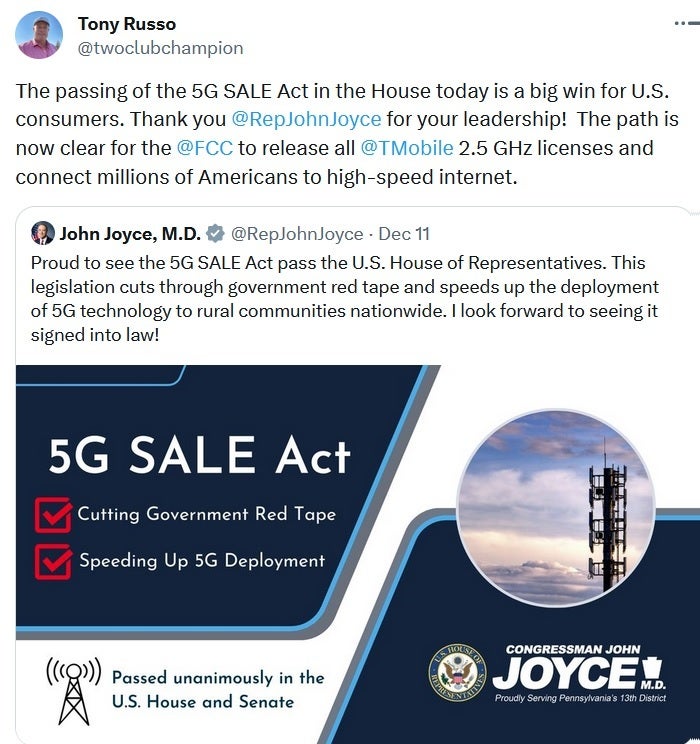 T-Mobile VP of Legislative Affairs Tony Russo celebrates the passing of the 5G SALE Act in the House - Once Biden signs on the dotted line, T-Mobile will get more 2.5GHz Goldilocks spectrum