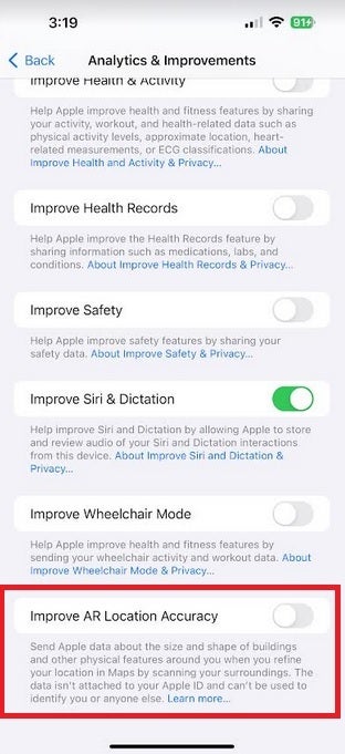 Make sure the toggle found in the red box is turned on if you want to improve the accuracy of AR features in Apple Maps - Apple asks for your help to improve Apple Maps' AR features