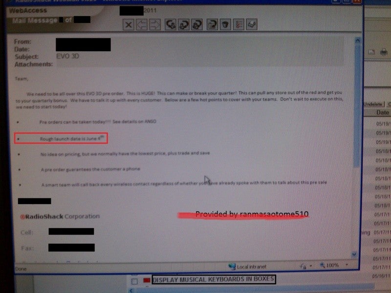 A screenshot of the leaked email sent to RadioShack employees - HTC EVO 3D release date expected to be June 4th