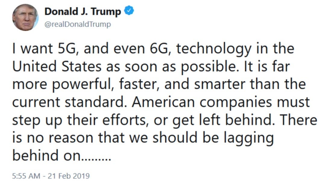 W 2019 r. ówczesny prezydent USA Donald Trump zamieścił na Twitterze post na temat 6G dla USA – działającego prototypu opartego na świetle układu półprzewodnikowego, zaprojektowanego do łączenia się z sieciami 6G i 7G.