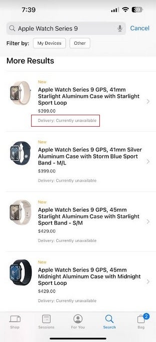 Os modelos Apple Watch Series 9 estão listados como atualmente indisponíveis no aplicativo Apple Store - a Apple mantém sua palavra, remove o Apple Watch Series 9 e Ultra 2 das Apple Stores online dos EUA