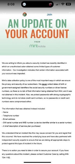 Mint Mobile notified affected customers about the data breach by sending out an email - Some Mint Mobile subscribers were the victim of a data breach that could  lead to SIM swaps