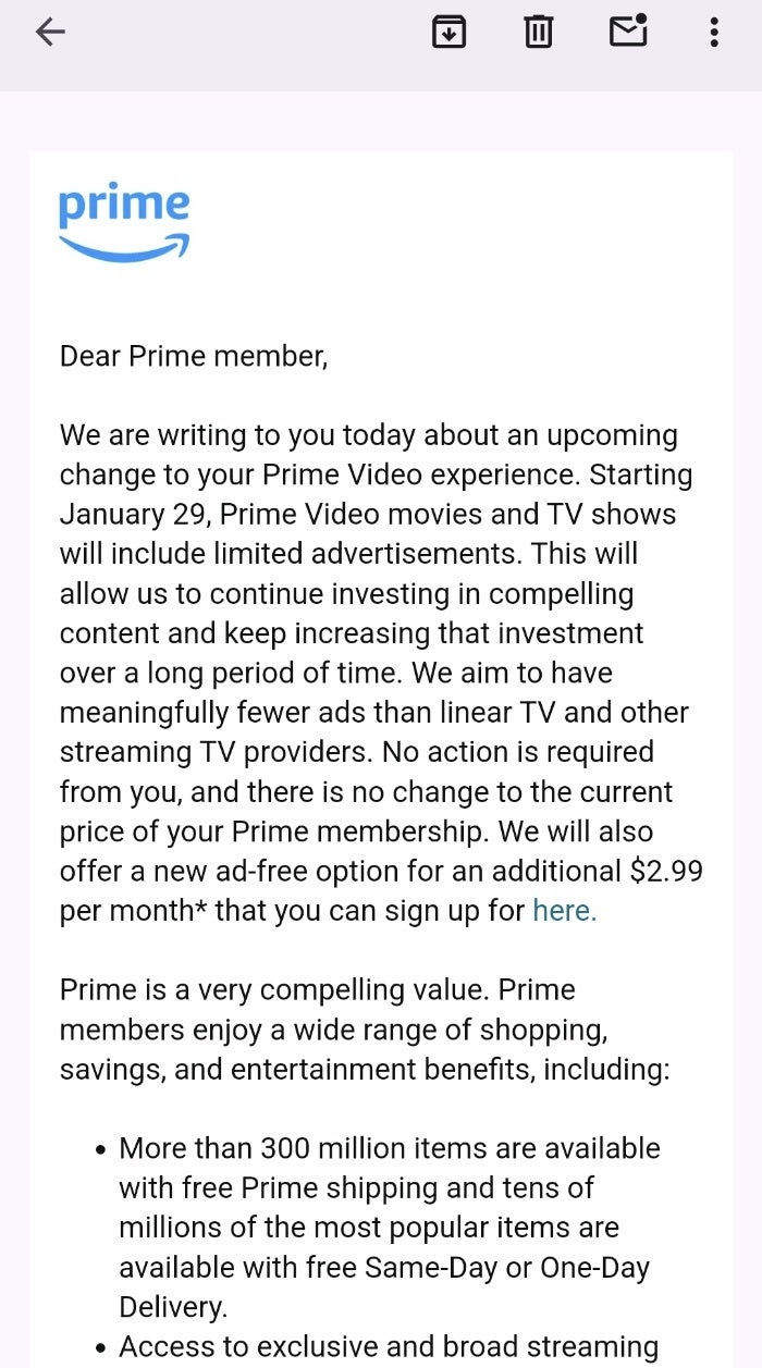 Amazon tells its Prime Video subscribers that ads are coming on January 29th, unless they pay extra