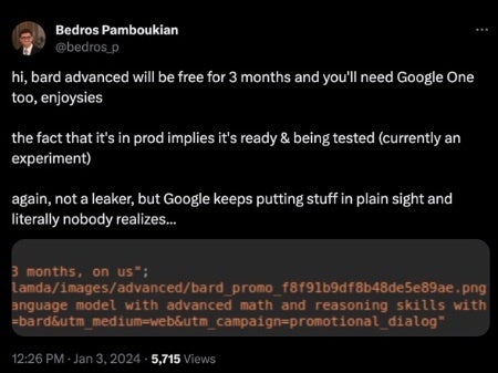 Source - Bedros Pamboukian |  X - Google pourrait facturer Bard Advanced, son prochain chatbot propulsé par Gemini Ultra