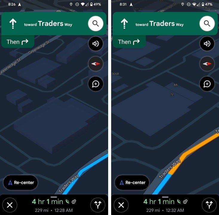 3D building enabled on left, disabled on right - Google Maps shows 3D buildings while navigating during new test
