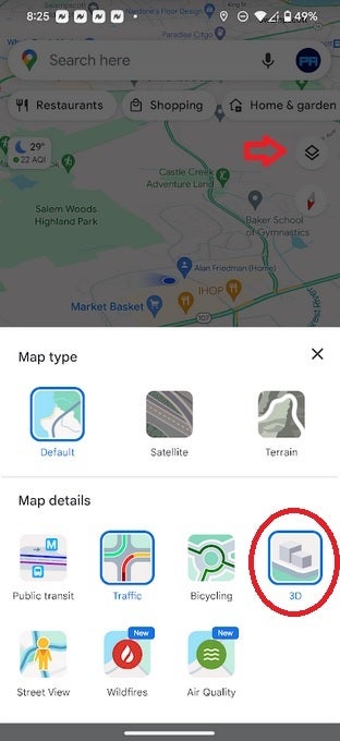 Before navigating, press the Layer icon and tap on 3D to see 3D buildings - Google Maps shows 3D buildings while navigating during new test