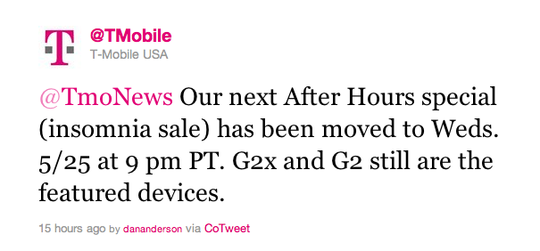 This tweet sent by T-Mobile announces a two-day delay for the carrier's late night "insomnia sale" - T-Mobile delays its "insomnia sale" to Wednesday; will the carrier's jingle survive the merger?