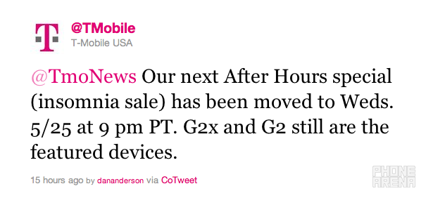 This tweet sent by T-Mobile announces a two-day delay for the carrier&#039;s late night &quot;insomnia sale&quot; - T-Mobile delays its &quot;insomnia sale&quot; to Wednesday; will the carrier&#039;s jingle survive the merger?