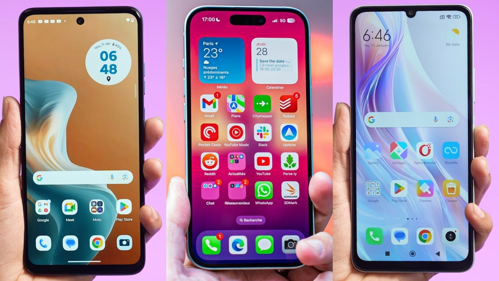 The $130 Motorola Moto G34 (left) and Xiaomi Poco C65 (right) boast 120Hz and 90Hz screens. Sure, they are low-res and LCD but... $130? Come on.  - iPhone 16 raises questions about the &quot;biggest&quot; iPhone problem - Apple users don’t care?