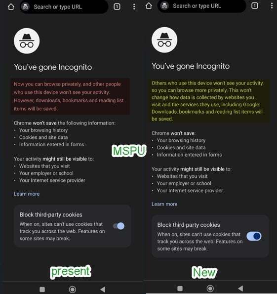 Note the changes in the current Incognito mode disclaimer on the left and the one found on Canary Chrome at right - Google makes stunning admission in new Incognito mode disclaimer