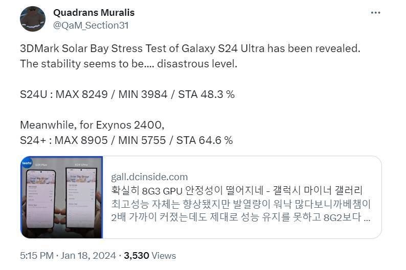 Galaxy S24 Ultra dan Snapdragon 8 Gen 3 direndahkan oleh Galaxy S24 Plus dalam pengujian baru