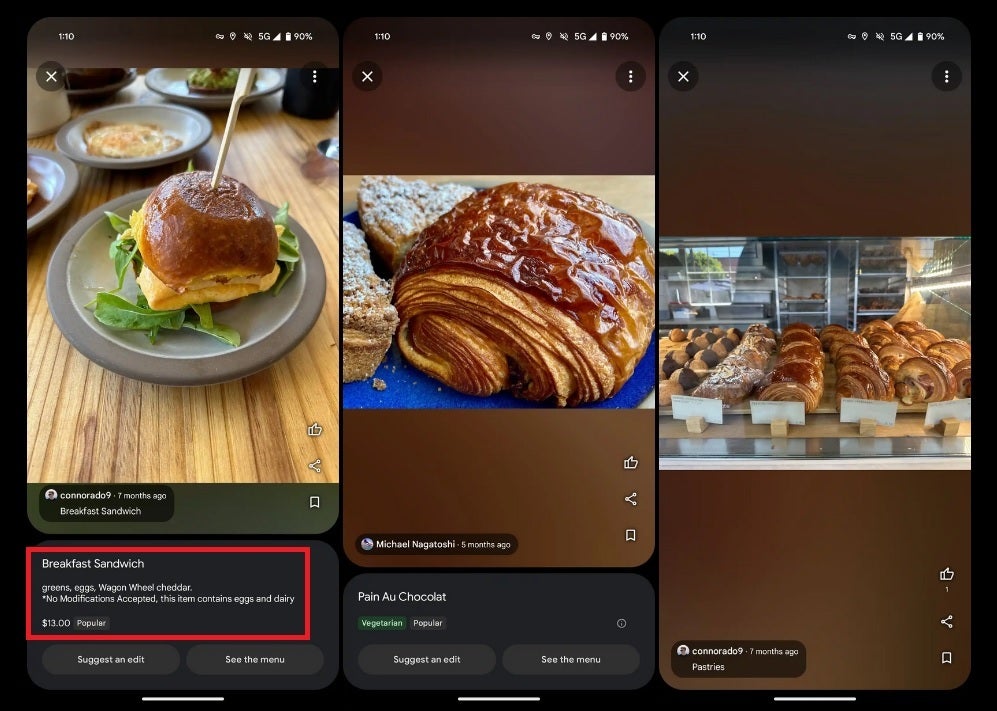 The description in the red box reveals more information about a particular dish photographed in Google Maps - Google Maps will now give you more information about restaurant dishes found in the app
