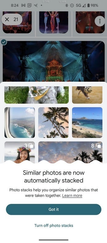 Você receberá esta notificação quando o Photo Stack for adicionado ao seu telefone. Um novo recurso útil para o aplicativo Google Fotos está sendo lançado agora
