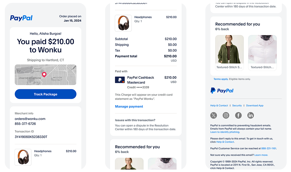 Screenshots of the Smart Receipts feature (Image Credit–PayPal) - PayPal and Venmo are in for an update with new AI-powered features