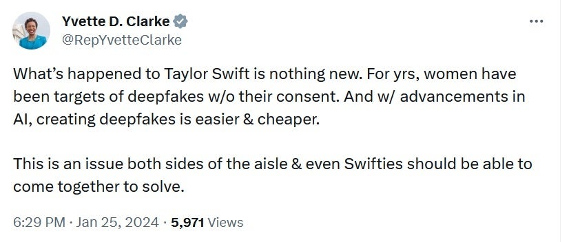 A congressista de Nova York Yvette Clarke diz que esta é uma questão na qual ambos os lados do corredor deveriam trabalhar - Imagens explícitas e falsas de Taylor Swift deixaram os legisladores dos EUA em pé de guerra