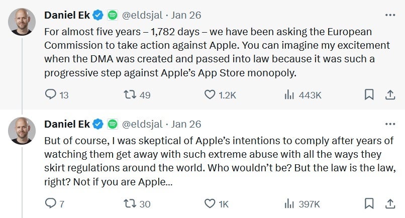 Spotify CEO Ek blasts Apple on X - Apple&#039;s new App Store fee in the EU will financially damage some app developers