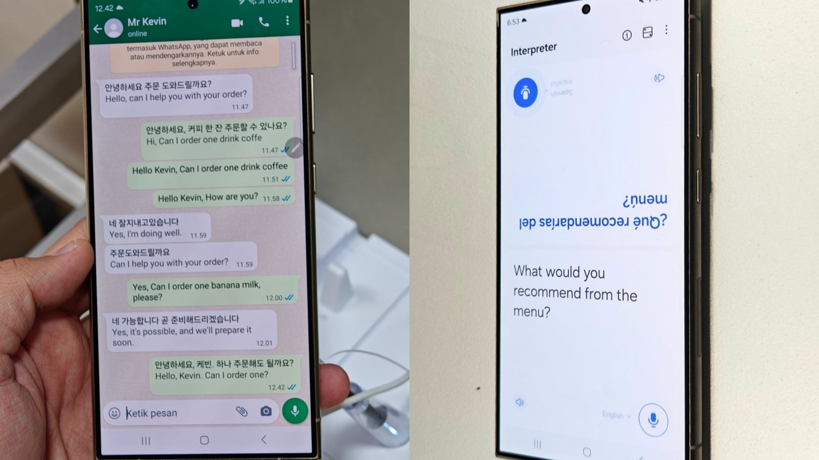 Galaxy S24 can automatically translate your text message conversations in real time (left), regardless of which messaging app you're using. - The most magical Galaxy S24 AI feature breaks down language barriers my iPhone can’t
