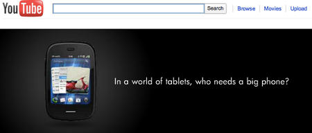 One day after appearing in a full page ad in the NY Times, the HP Veer shows up in a banner ad on YouTube&#039;s desktop site - HP follows up on NY Times ad with a YouTube banner ad for the &#039;byte-sized&#039; Veer 4G