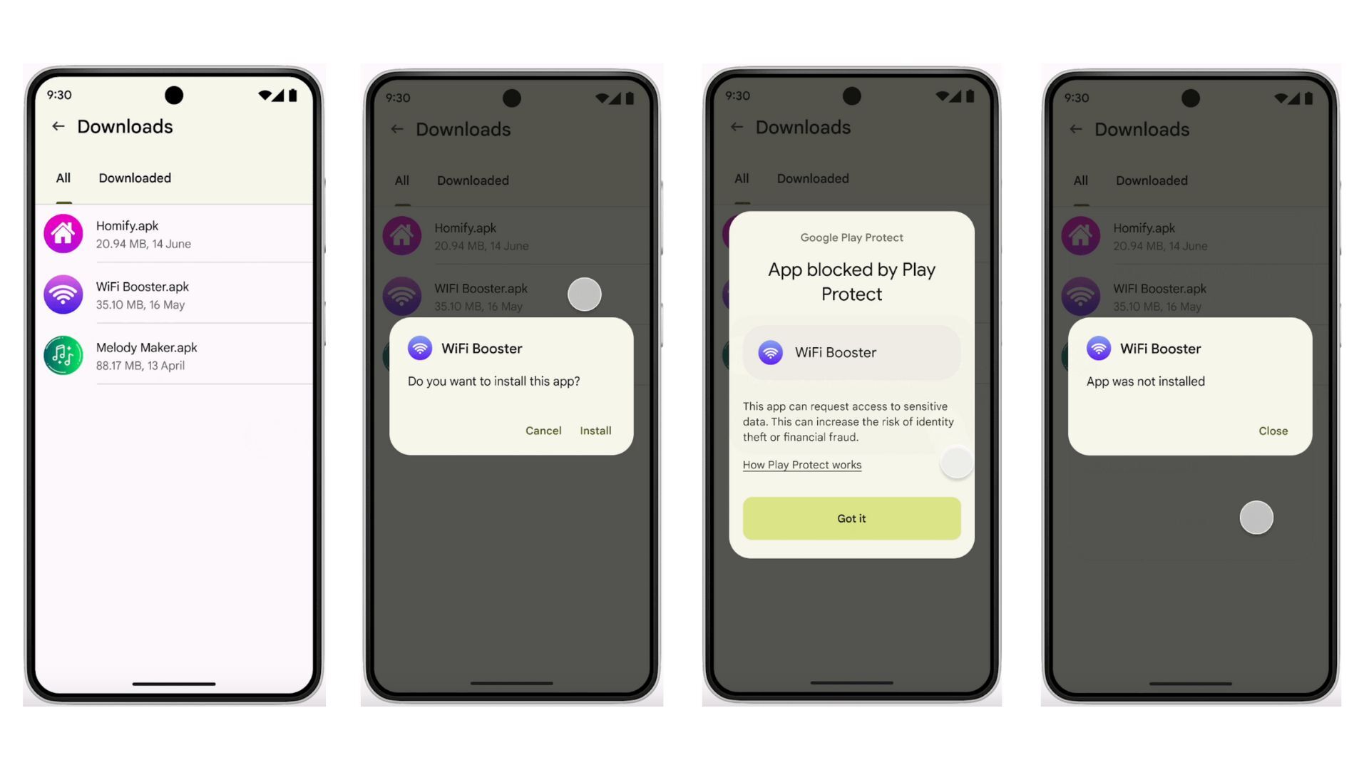 Screenshots showing the feature in action (Image Credit–Google) - Google tests real-time app scanning to protect Android users from financial fraud