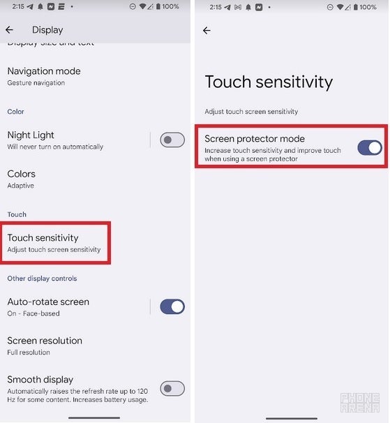 O novo recurso de toque adaptativo pode ter um botão localizado no novo submenu Sensibilidade ao toque – o próximo recurso Pixel ajusta automaticamente a sensibilidade da tela com base no clima