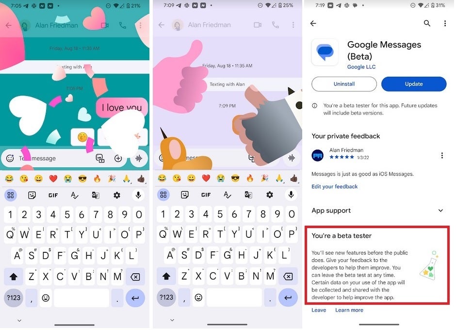Screen effects for I Love You and Sounds Good. The feature is now available to those registered as a Google Messages beta tester - Google Messages cool animated background "Screen Effects" now available to the app's beta testers