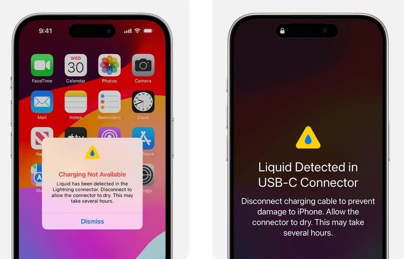 A Apple irá avisá-lo se sua porta Lightning (L) ou porta USB-C (R) estiver muito molhada para ser usada – pela primeira vez, a Apple diz para não colocar seu iPhone aqui se ele molhar