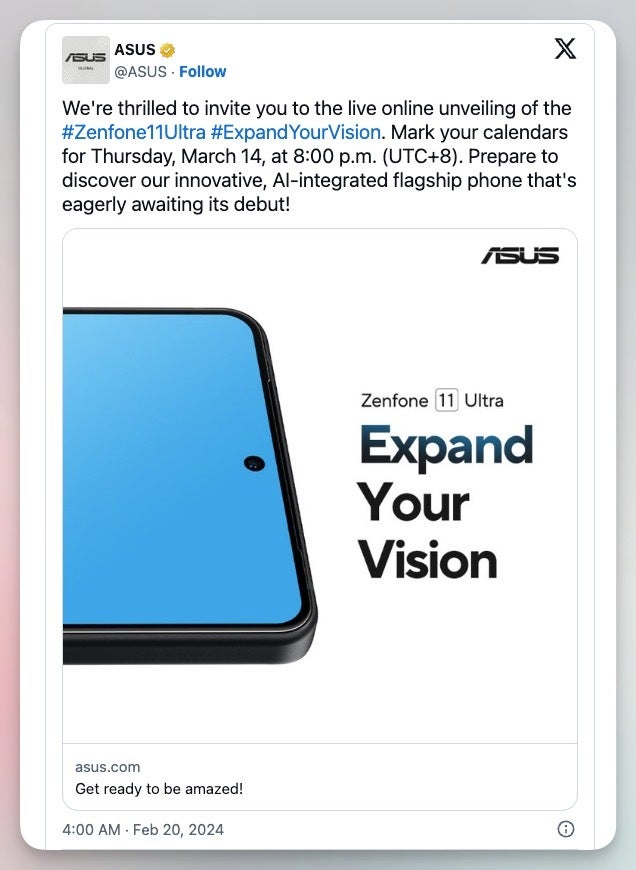 Asus annonce un événement en direct le 14 mars pour le dévoilement du Zenfone 11 Ultra