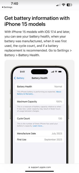 Com o iOS 17.4, a Apple está fazendo uma alteração na seção Battery Health do aplicativo de configurações do iPhone na linha iPhone 15 – os usuários do iPhone 15 podem verificar rapidamente a integridade da bateria após atualizar para o iOS 17.4