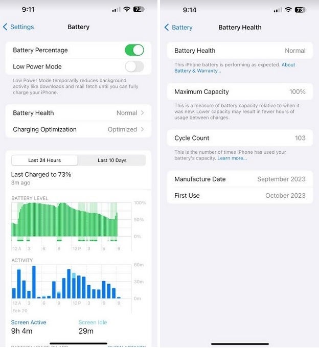 New look for the Battery section of the Settings app on iPhone 15 series models running iOS 17.4 - iPhone 15 users can check the health of their battery at a glance after updating to iOS 17.4