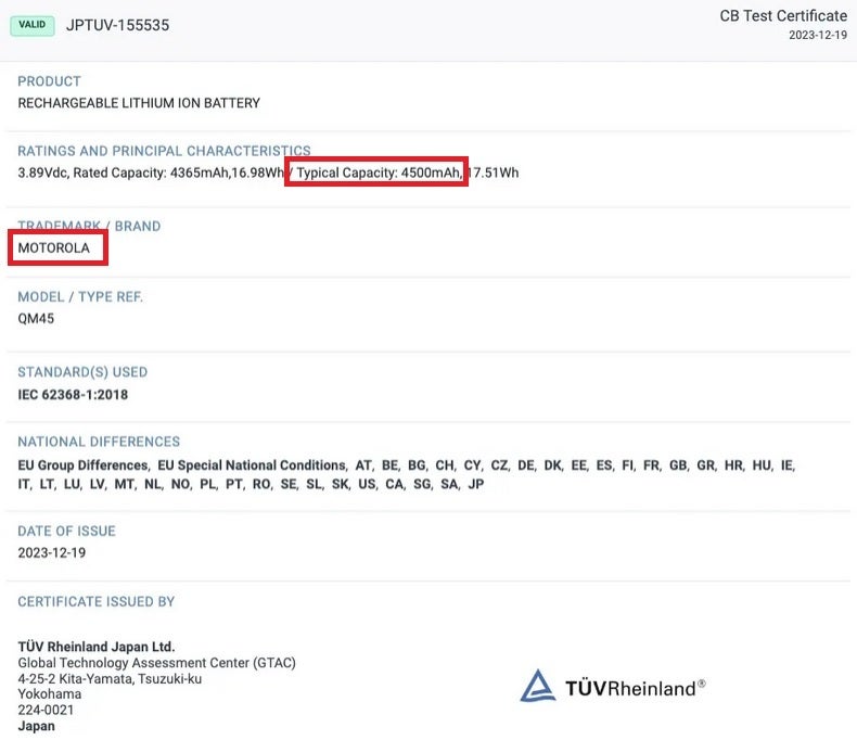TUV Rheinland certifies the 4500mAh battery that is expected to power the Motorola Edge 50 Pro - Motorola Edge 50 Pro surfaces on various certification sites