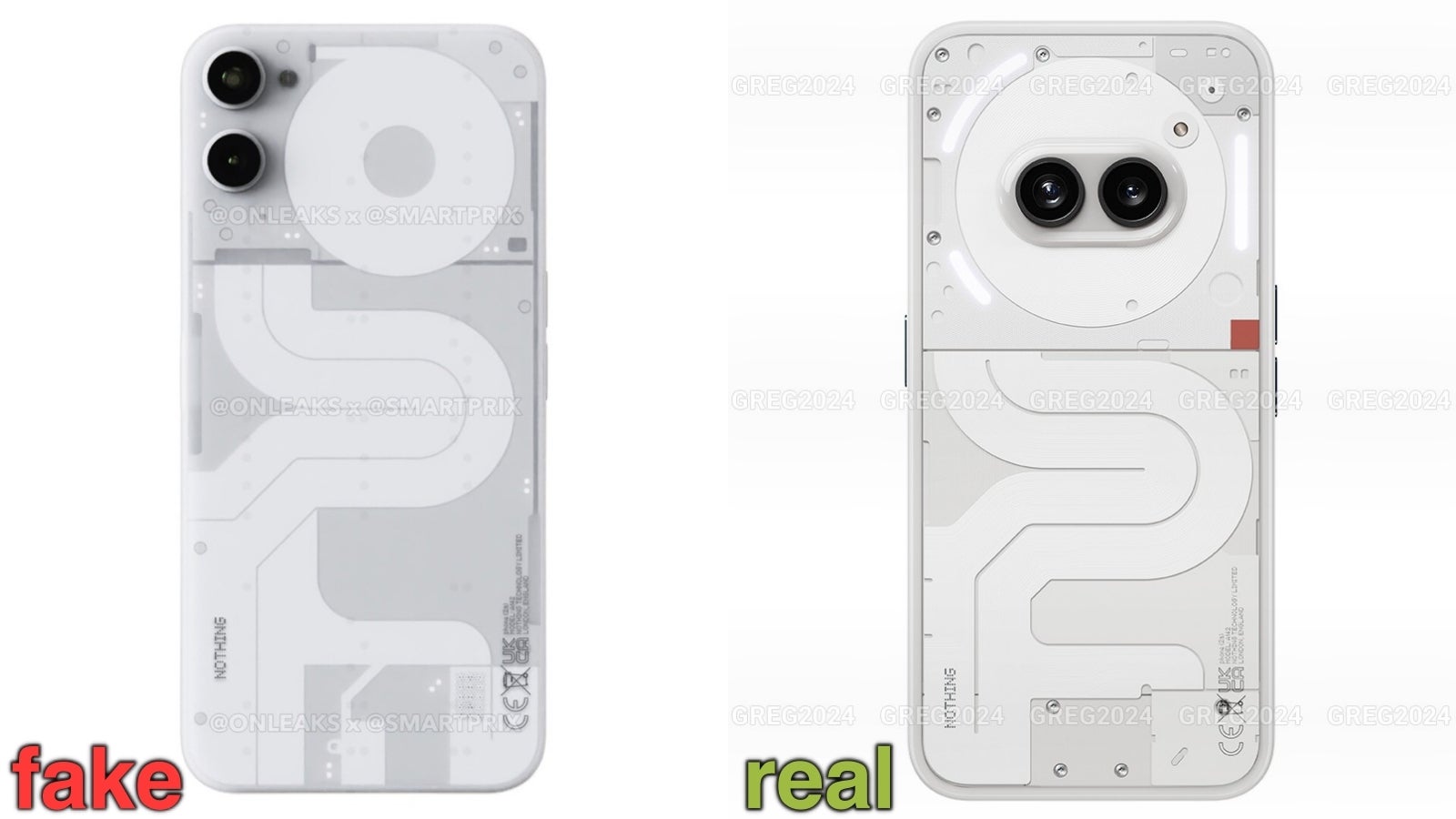 Official Nothing Phone 2a renders (right) were leaked on Nothing&amp;rsquo;s forum, confirming the design leak we got earlier (left) was fake. - Nothing Phone 2a: Carl Pei’s masterclass in “distractingly stunning design” - enough to beat Pixel?