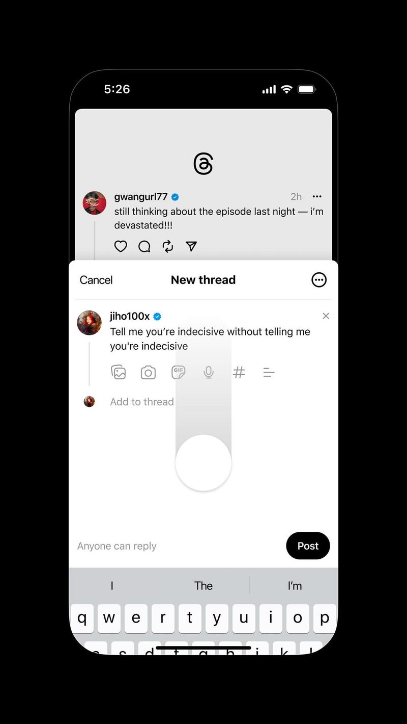 Threads begins to test saving drafts and taking photos inside of the app