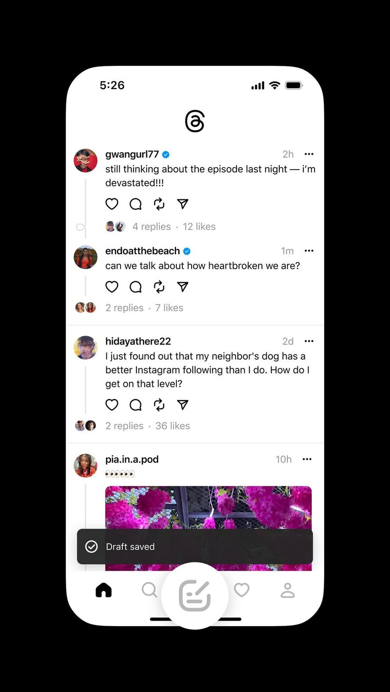 Threads begins to test saving drafts and taking photos inside of the app