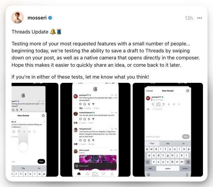 Threads begins to test saving drafts and taking photos inside of the app