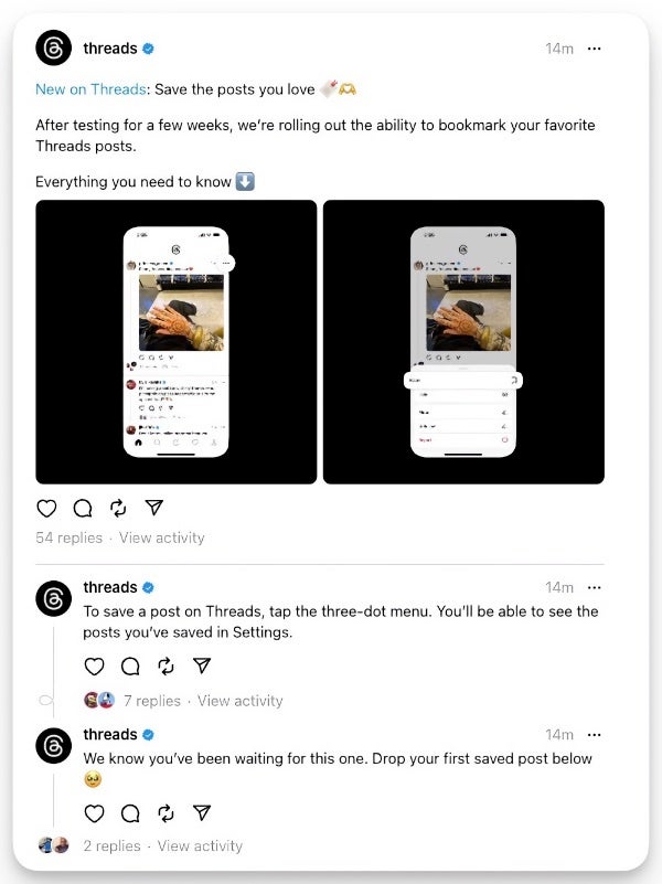 Threads bookmarking feature begins official rollout for all users