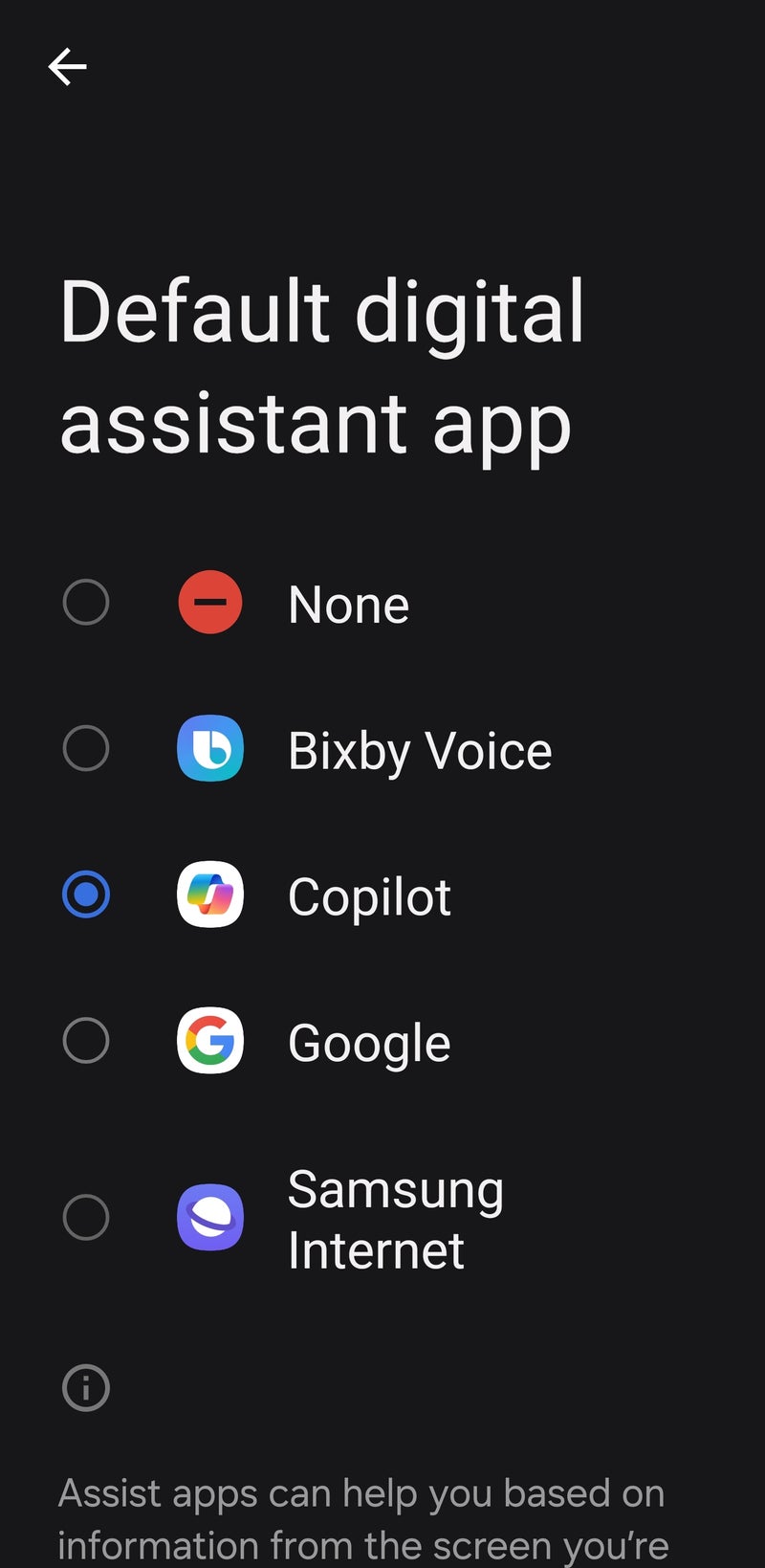 android default assistant app with copilot
