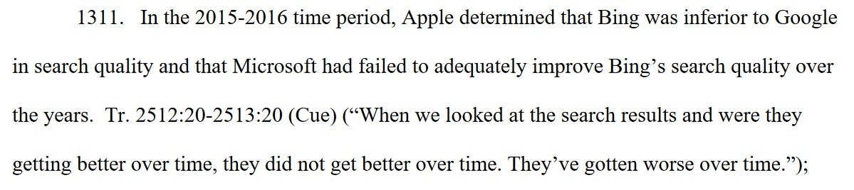 Excerpt from the court filing indicating Apple's feelings about Bing - Wrong answer about a former rock star turned Apple against a purchase of Bing