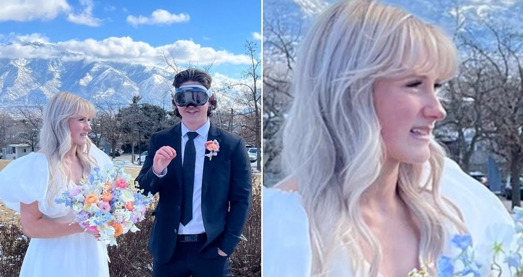 It's the Wright's Wedding Day and the groom wears a Vision Pro while the bride looks on disapprovingly - New bride is unhappy when her hubby wears his Vision Pro to the wedding reception