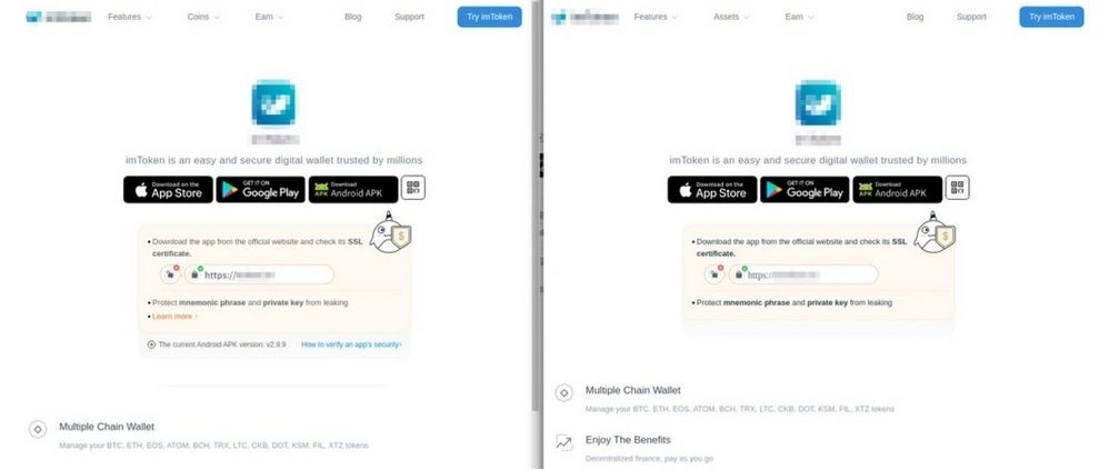 Real crypto wallet website on the left, a fake one created by the hackers is on the right - Fake apps and websites take more than $4.3 million from iPhone and Android users