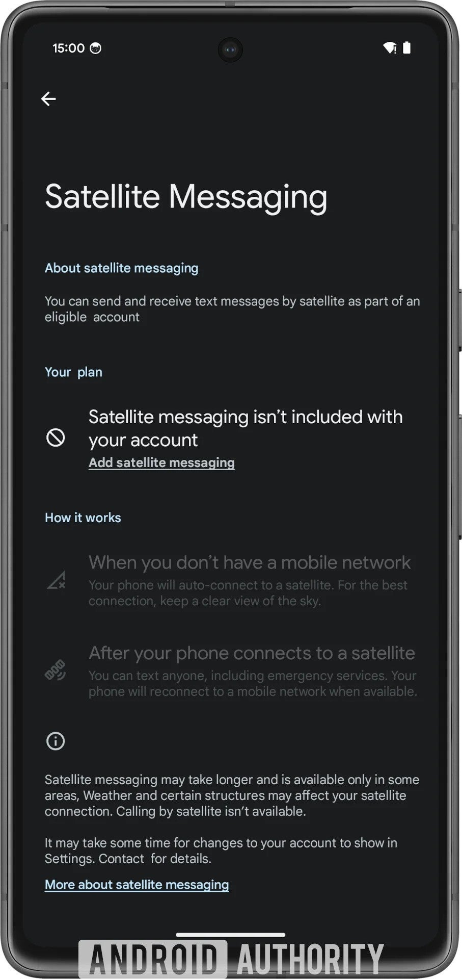 O recurso de mensagens via satélite (crédito de imagem – Autoridade Android) - Mensagens de texto de qualquer lugar?  Android 15 pode trazer mensagens via satélite