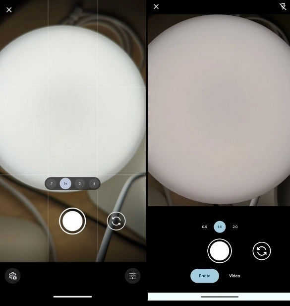 At left, the system camera UI that is being replaced by the new Google Messages camera UI on the right - Google Messages gets new Camera UI for users to access during a chat