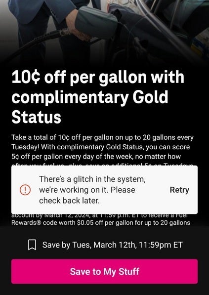 Glitch empêche les clients T-Mobile d'obtenir leur réduction de 10 cents le gallon sur l'essence - Glitch empêche les abonnés T-Mobile d'obtenir l'une de leurs récompenses T-Mobile Tuesdays